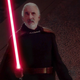Count Dooku brandishes his red lightsaber and sneers.
